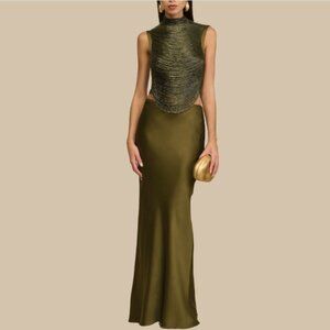 Chic Olive Green Knit Mock Neck Crop Top & Satin Maxi Skirt Set